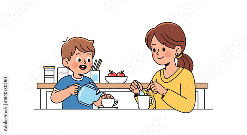 A mother and son share a meal at a table enjoying breakfast and pleasant company silhouette high quality professional detailed