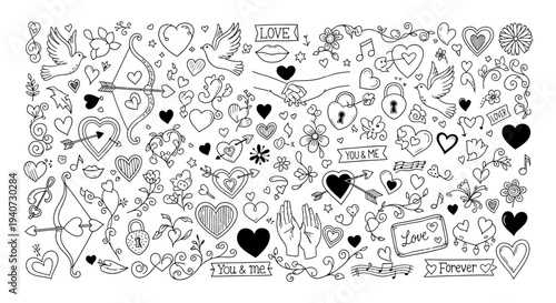 A diverse collection of hand-drawn hearts and symbols in a chaotic arrangement viewed from directly above in a simple environment