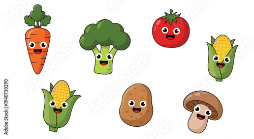 Eight cheerful cartoon vegetables, including a carrot, broccoli, tomato, two corn cobs, a potato, and a mushroom, are playfully arranged on a pristine white background.
