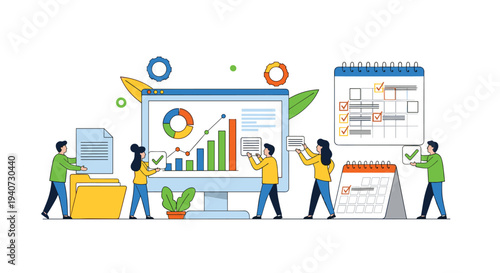 Small stylized people are actively managing tasks and analyzing data on a large computer monitor with charts and calendars in a collaborative office setting.