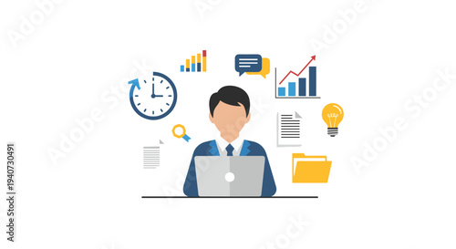 A stylized businessman sits at a desk working on a laptop, surrounded by floating icons representing business productivity and data management on a white background.