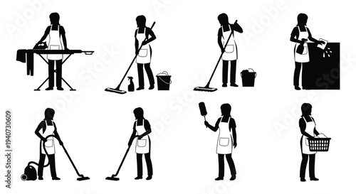 A collection of black silhouettes depicting various domestic tasks like ironing cleaning and laundry silhouette high quality professional detailed modern elegant