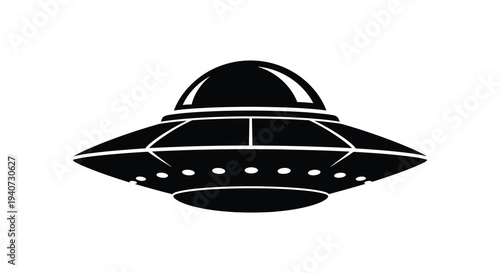 A black silhouette of a classic flying saucer shape against a white background representing extraterrestrial technology silhouette high quality professional detailed