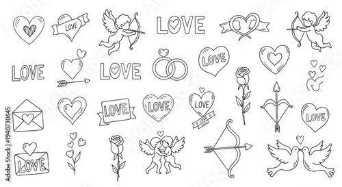 Collection of black and white illustrations depicting love symbols, hearts, and cherubs in various forms and designs