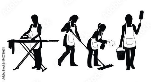 A series of black silhouettes depicts a woman performing various household chores showcasing daily life silhouette high quality professional detailed modern