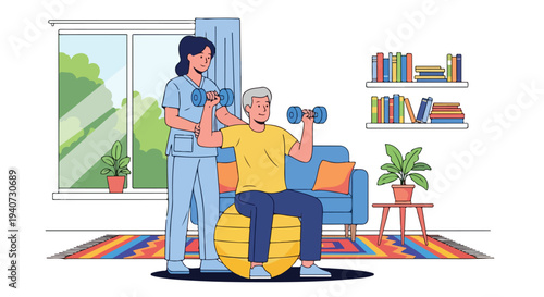 A healthcare worker assisting an elderly man with dumbbell exercises in a cozy living room with a flat 2D design, post-pandemic health routine.