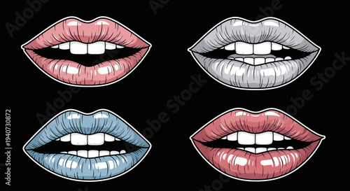 A set of four illustrated lips in different colors and styles, showcasing various lip expressions and makeup designs from a close-up front viewpoint