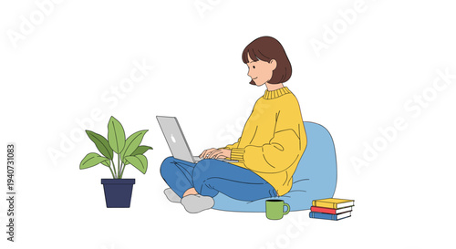 A contented young woman with short brown hair works diligently on her silver laptop while comfortably seated on a blue beanbag chair.