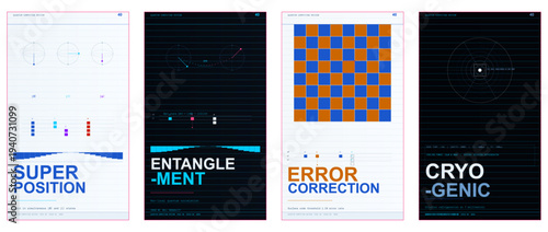 Quantum Computing Magazine Cover, Qubit Design Editorial, Bloch Sphere Poster Template, Superposition Aesthetic Layout, Entanglement Print Cover, Cryogenic System Tech Design, Error Correction Quantum