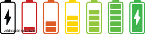 Battery charge level indicator set from empty to full energy vector icons for mobile app UI or technology infographic