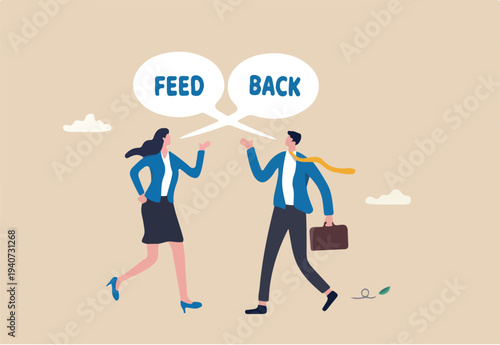 Employee feedback, opinion or colleague voice for improvement, message discussion, telling or comment each other, appraisal or review process, businessman and woman telling feedback to each other.