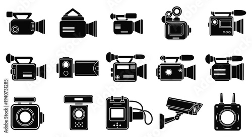 A collection of various vintage and modern camera styles depicted in stark black silhouettes high quality professional detailed elegant stylish clean