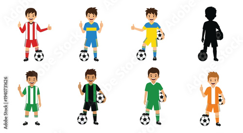 Colorful cartoon boys playing with soccer balls are contrasted with a stark black silhouette high quality professional detailed modern elegant stylish