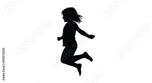 A young girl is captured mid jump arms outstretched presenting a striking black silhouette high quality professional detailed modern elegant stylish clean