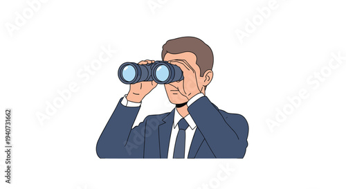 A professional man in a dark blue suit holds light blue binoculars, looking directly forward with a focused expression.