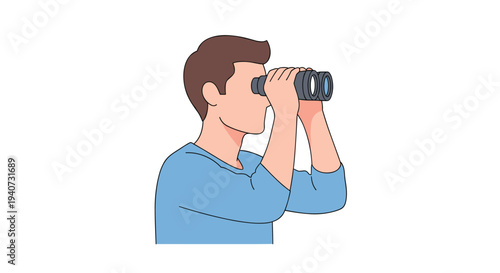 A focused man with short brown hair wearing a light blue shirt holds dark binoculars to his eyes in profile.