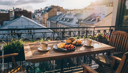 Relaxing morning breakfast on a balcony overlooking city rooftops