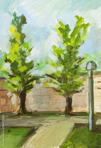 hand-painted green trees near fence of city park