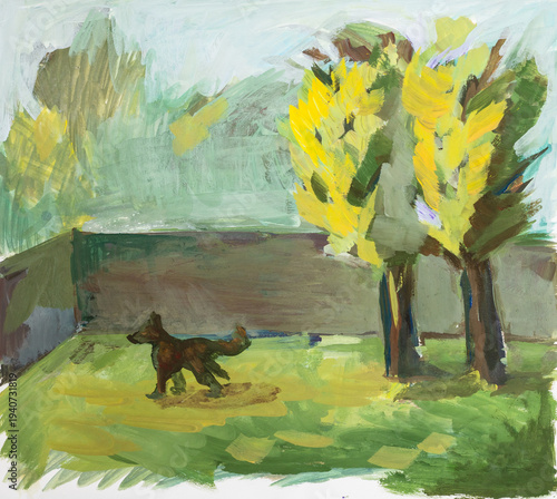 hand-painted dog runs on lawn of village house