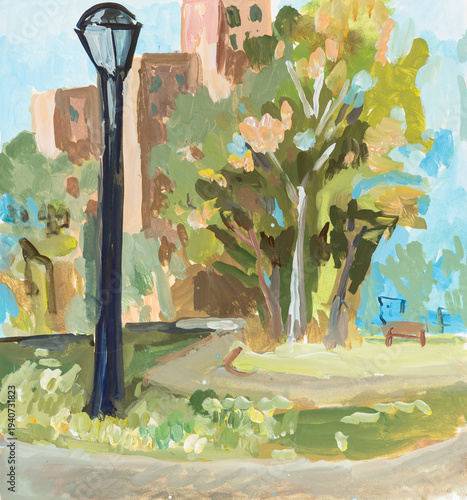 hand-painted outdoor lantern in city park on paper