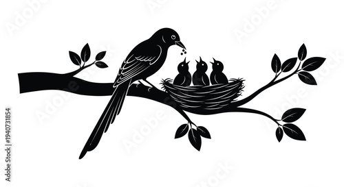 A mother bird feeds her chicks in a nest perched on a branch depicted in black silhouette high quality professional detailed