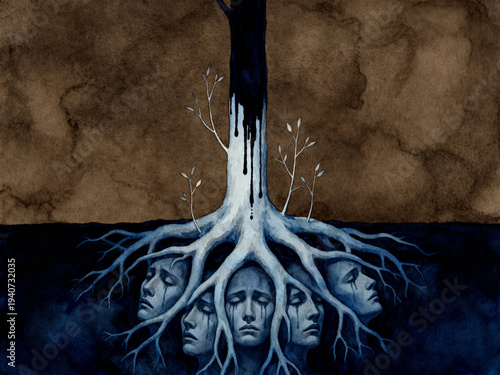 Conceptual watercolor illustration of ancestral trauma and family roots featuring crying faces intertwined with tree roots in dark blue and brown tones