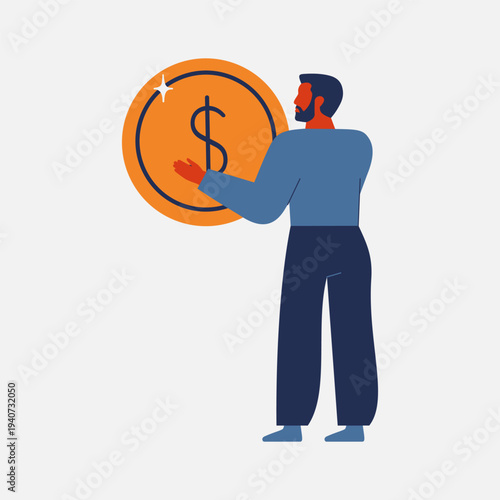 businessman holding big gold coin. black male person with money cash in hands. Dollar cent, change. Finance, economy concept. flat vector illustration isolated on white background