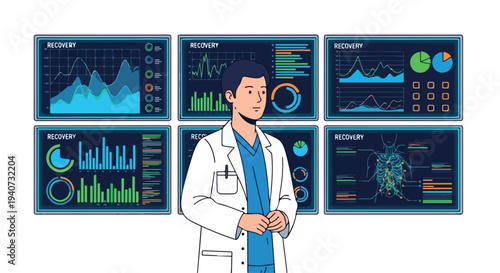 A male healthcare worker in a white lab coat standing confidently in front of multiple flat 2D screens displaying various health-related graphs and charts in a post-pandemic setting.