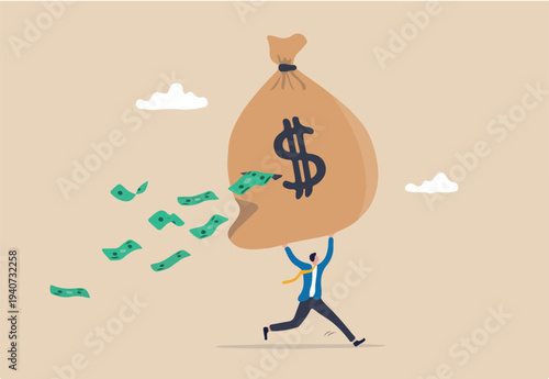 Debt burden, financial obligation or loan payment, heavy load of money failure, mortgage or borrowing money problem concept, tried businessman carrying big debt money bag losing money banknotes