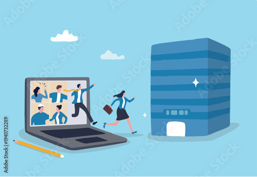 Go to office after work from home, office or company invite employee to go to office policy, colleague or manager to meet at office building, coworker encouragement to meet in person at work