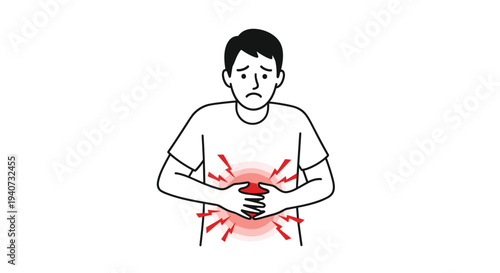 A distressed man in a simple t-shirt clutches his stomach, depicted with radiating red lines indicating sharp abdominal pain on a clean white background.