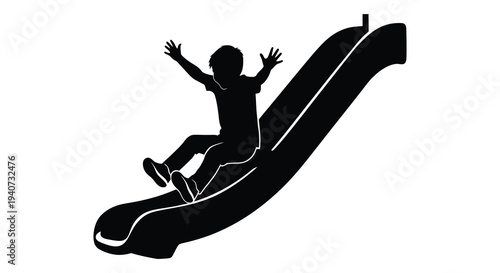 A joyful child slides down a curved playground slide depicted in striking black and white silhouette high quality professional detailed modern