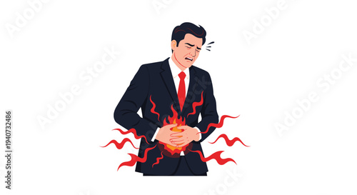 A sharply dressed man in a suit grimaces in agony, clutching his stomach with intense red fiery pain elements emanating from his abdomen on a white background.