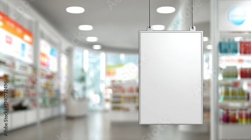 Blank hanging poster frame mockup in a pharmacy drugstore
