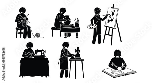A collection of black silhouettes depicting various creative hobbies like knitting pottery painting and writing silhouette high quality professional detailed modern