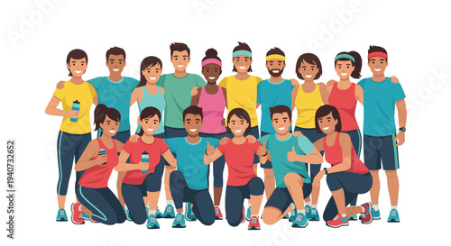 A large, diverse group of fourteen smiling athletes in colorful sportswear are posing together, some kneeling and holding water bottles, on a clean white background.