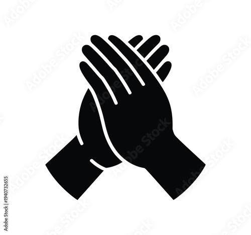 Two hands pressed together firmly form a simple, bold black silhouette.