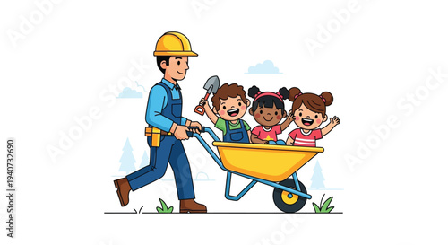 A construction worker cheerfully pushes children in a wheelbarrow through a green landscape a playful silhouette high quality professional detailed modern
