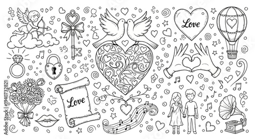 Valentine's Day elements collage with hearts, doves, and couples in a whimsical illustration style