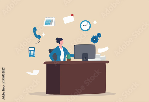 Administrator or assistant occupation, secretary or accountant professional, receptionist work with answer telephone, schedule calendar or coordination, businesswoman admin working at office desk