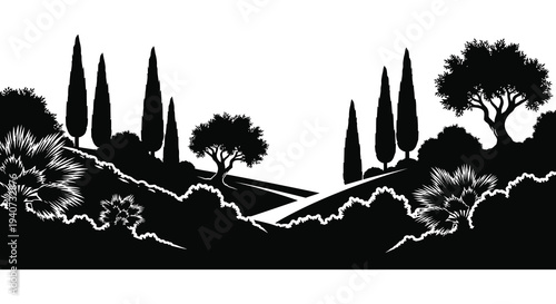 A striking black and white landscape featuring cypress trees and shrubbery presented as a bold silhouette high quality professional detailed modern