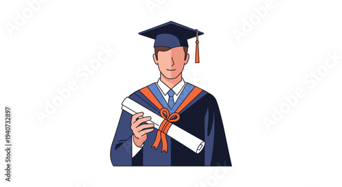 A proud male graduate in a blue cap and gown with an orange and blue stole stands formally, holding a rolled diploma tied with a red ribbon, on a white background.
