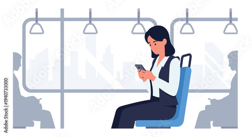 A young woman with dark hair sits on a blue public transport seat, looking at her smartphone with a city skyline visible outside.