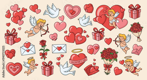 Assorted Valentine's Day elements, including hearts, cupids, and gifts, arranged together on a neutral background from a straightforward viewpoint