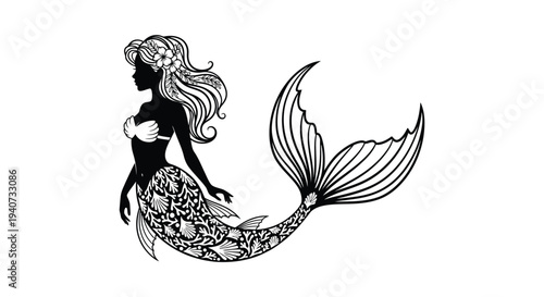 An elegant black silhouette of a mermaid with flowing hair and a detailed tail showcasing artistic beauty high quality professional modern