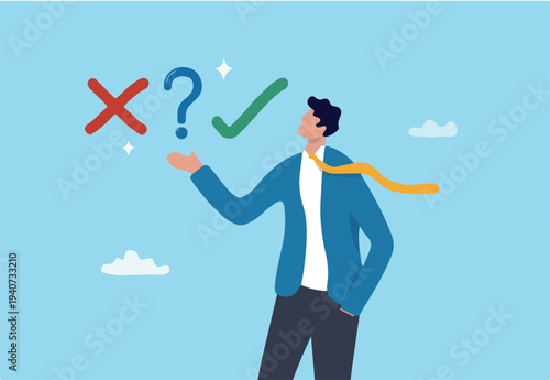 Decision making right or wrong, decide or determination to solve problem, solution, choice or choosing pathway, thinking or challenge for result concept, businessman choosing right or wrong decision
