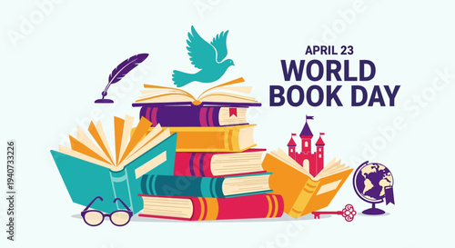 Vibrant World Book Day celebration with stack of colorful books and dove