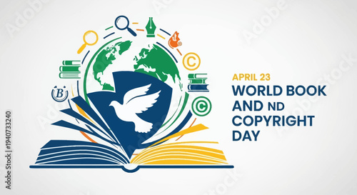 World Book and Copyright Day illustration with open book and globe