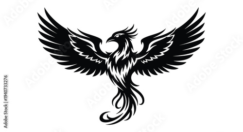 A striking black phoenix with wings spread wide showcasing intricate feather details in a bold silhouette high quality professional detailed modern