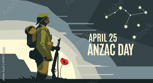 Soldier standing proudly on Anzac Day with rifle and poppy